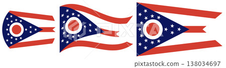 Flags of the state of Ohio collection. Ohio waving flag. Round State flag icon. Standard color and size. Rectangular Ohio flag. Digital illustration. 138034697