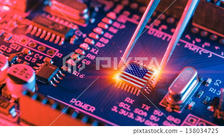 USA war concept, American on Chip. CPU processor made in USA. US Microprocessor manufacturer. 138034725
