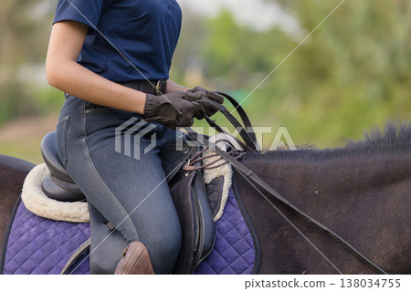 Horse Jockey Riding, Horseback rider training hand holding Reins. Happy fun horse riding sport. 138034755