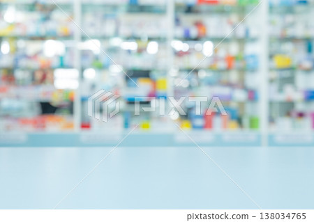 Pharmacy shop counter background. Drugstore blur for background. Medicine vitamin supplements advertising backdrop. 138034765