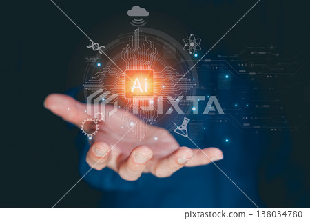 AI computer chip on hand. AI business concept. Artificial Intelligence digital technology science. 138034780