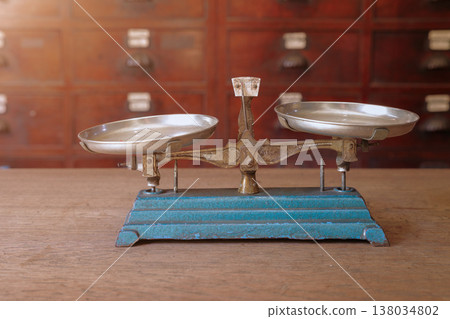 old scales, weight balance with Thai Indian Chinese herbs drawer cabinet shop background 138034802