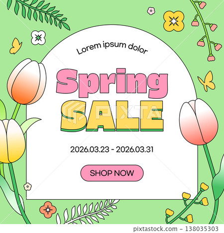 Spring Sale Banner with Colorful Tulips and Flowers, Floral Background 138035303