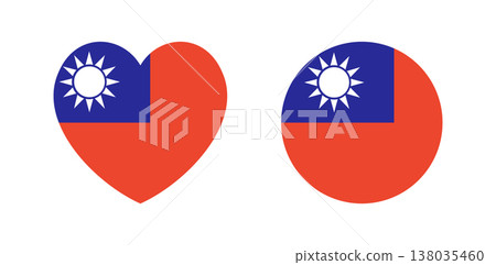 Round, heart shaped national flag of Taiwan badge, sticker. Set of National Taiwan flag circle, heart icon, button. Taiwan flag circular banner. Roundel Taiwan flag emblem, logo. Round, heart shaped national flag of Taiwan badge, sticker. Set of National Taiwan flag circle, heart icon, button. Taiwan flag circular banner. Roundel Taiwan flag emblem, logo. 138035460