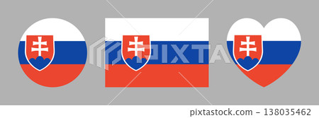 Slovakia flag icons, stickers in round, heart, rectangular shapes. Page symbol. National Slovakia flag circle, rectangle, heart shaped logo, badge, app, UI. 138035462