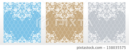 Wallpapers in the style of Baroque.. Set of colored floral ornaments. Seamless vector backgrounds Graphic patterns for fabric, wallpaper, packaging. Ornate Damask flower illustration 138035575