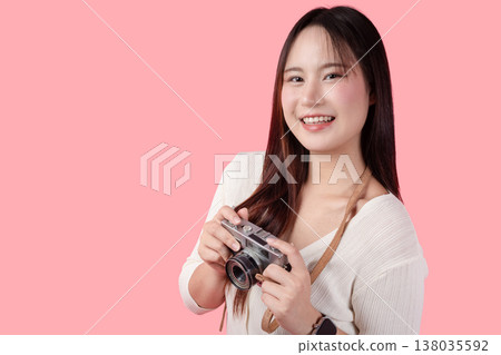 young teen happy smile enjoy photo hobby, girl model with vintage film camera studio shot isolated young teen happy smile enjoy photo hobby, girl model with vintage film camera studio shot isolated 138035592