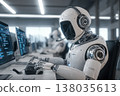 Futuristic robot with headset typing on keyboard in a modern office environment with screens 138035613