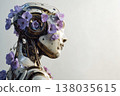 Futuristic robot adorned with delicate flowers showcasing harmony between technology and nature 138035615
