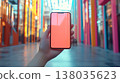 Hand holding smartphone mock up with blank screen in vibrant modern urban setting 138035623