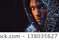 Poised figure of diverse heritage in a dark environment with glowing lock motif and serious gaze 138035627