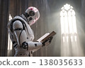 Robot reading an ancient book in a cathedral with sunlight streaming through stained glass 138035633
