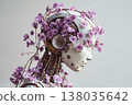 Robot head adorned with delicate pink flowers showcasing a blend of technology and nature 138035642