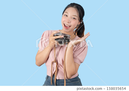 young teen happy smile enjoy photo hobby, girl model with vintage film camera studio shot isolated young teen happy smile enjoy photo hobby, girl model with vintage film camera studio shot isolated 138035654