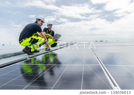 Professional Engineer Service Solar Panel. Worker Maintenance Cleaning Replacing Solar Panel. Professional Engineer Service Solar Panel. Worker Maintenance Cleaning Replacing Solar Panel. 138036013