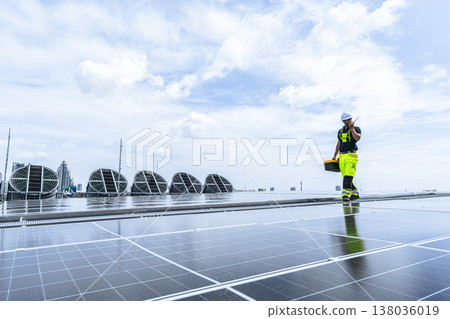 Professional Engineer Team Service Solar Panel. Worker Maintenance Cleaning Replacing Solar Panel. 138036019
