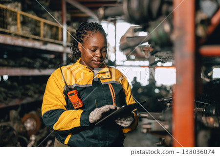 Happy Black African women engineer worker enjoy working in old used machine part stock warehouse. Happy Black African women engineer worker enjoy working in old used machine part stock warehouse. 138036074