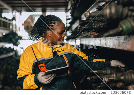 African black women engineer worker working in old used machine part stock warehouse. African black women engineer worker working in old used machine part stock warehouse. 138036078