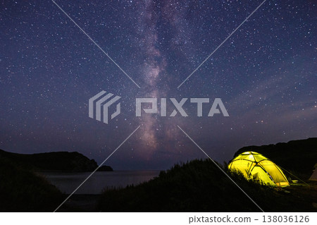 Tourist tent near the sea under the night sky with milky way. 138036126