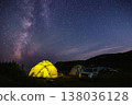 Tourist camping near the sea under the night sky with milky way. 138036128