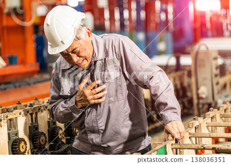 Senior factory worker chest pain suffering from heart attack, heart fail sign expression at work 138036351