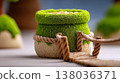 Leprechaun trap with green mossy pot of gold coins and tiny rope bridge in whimsical st patricks day miniature scene 138036371
