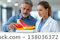 Doctors examining anatomical foot muscle model in modern medical clinic discussing structure of human foot and musculoskeletal system 138036372