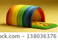 Rainbow paper tunnel with gold coins at the end symbolizing pot of gold luck and treasure in colorful paper craft composition 138036376
