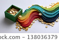 Rainbow paper craft with flowing colorful layers leading from green box filled with gold coins symbolizing luck and treasure 138036379