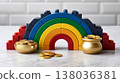 Colorful rainbow toy arch built from plastic blocks with pots of gold coins symbolizing luck and treasure for st patricks day 138036381