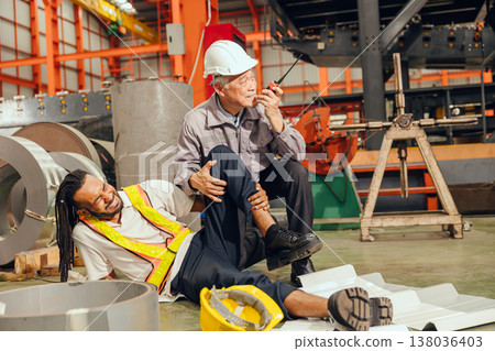 Accident worker in workplace, young man down leg injury senior supervisor emergency medical help Accident worker in workplace, young man down leg injury senior supervisor emergency medical help 138036403