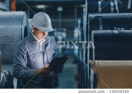 Professional engineer man working in heavy metal industry checking metal sheet roll with attention 138036589