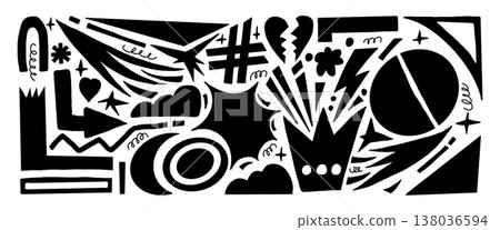 Abstract geometric silhouettes paper cutouts background. Freeform black doodle figures set. Semicircles, stars, cloud, arrows, heart scribbles stickers. Vector graphic trinket illustration isolated Abstract geometric silhouettes paper cutouts background. Freeform black doodle figures set. Semicircles, stars, cloud, arrows, heart scribbles stickers. Vector graphic trinket illustration isolated 138036594