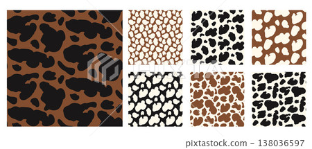 Animal seamless pattern with cow spot and dog fur in brown. Bold cowhide and dalmatian animal print with wild freeform blobs. Hand drawn vector set of monochrome organic scatter motifs for fabric 138036597