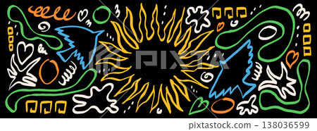 Naive folk bird and sun set with hand drawn outlines. Organic boho vector banner with pen shapes. Decorative doves, heart, meander and sun elements for sticker and collage decoration 138036599