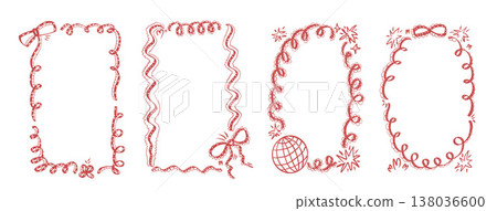 Bachelorette or wedding coquette frames. Whimsical red borders with bows, disco ball set. Ribbon and lace squiggle menu cadre. Vector frame on white background. Christmas or festive oval and rectangle Bachelorette or wedding coquette frames. Whimsical red borders with bows, disco ball set. Ribbon and lace squiggle menu cadre. Vector frame on white background. Christmas or festive oval and rectangle 138036600