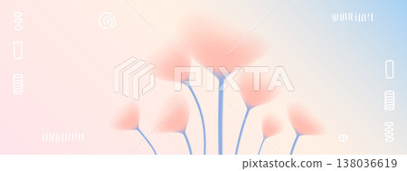 Coral flower bouquet with soft gradient and naive trendy graphic frame on dreamy spring background. Tulip flowers in pastel tones. Botanical vector with delicate shadow bg for fashion design template 138036619