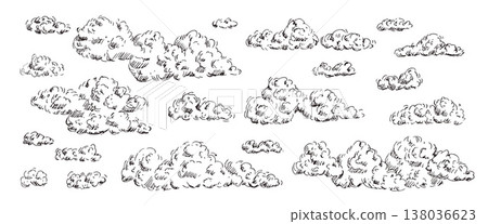 Monochrome cloud sketch with vintage pen lines, retro hatching. Windy sky pen drawing. Vector illustration perfect for nature-themed design project graphics. Cloudy sky set isolated on white bg 138036623
