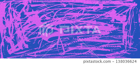 Handmade grungy paint brush strokes texture. Punk abstract background with rough pattern, sporty halftone overlay, bold ink uneven scribbles for modern design. Vector blue fuchsia grunge bg 138036624