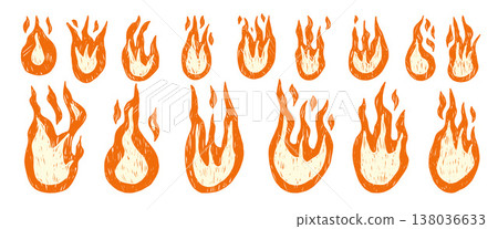 Hand-drawn crayon fire illustrations with grunge texture. Doodle brush flame icons in vibrant colors. Bonfire stickers for collage projects. Vector naive pencil punk rock element no background Hand-drawn crayon fire illustrations with grunge texture. Doodle brush flame icons in vibrant colors. Bonfire stickers for collage projects. Vector naive pencil punk rock element no background 138036633