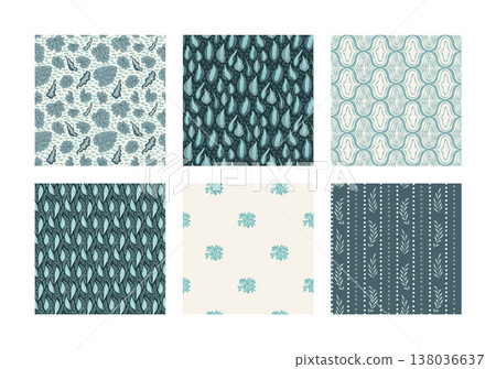 Seamless teal and green pattern with scattered garden leaves. Blue plant in a vector pattern collection of seamless tiles. Botanical leaves on beige and emerald for wallpaper and textile Seamless teal and green pattern with scattered garden leaves. Blue plant in a vector pattern collection of seamless tiles. Botanical leaves on beige and emerald for wallpaper and textile 138036637