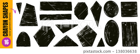 Rough crayon shapes with heavy texture and irregular tag look. Geometric shape set with triangle, rhombus, trapezoid, arch and oval. Uneven linocut vector elements for grunge callout tag and sticker Rough crayon shapes with heavy texture and irregular tag look. Geometric shape set with triangle, rhombus, trapezoid, arch and oval. Uneven linocut vector elements for grunge callout tag and sticker 138036638