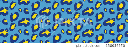 Blob animal glamour leopard pattern in bold blue and yellow. Freeform blob and rosette as modern vector on cobalt background. Trendy animalistic print with retro glam aesthetic for fashion apparel Blob animal glamour leopard pattern in bold blue and yellow. Freeform blob and rosette as modern vector on cobalt background. Trendy animalistic print with retro glam aesthetic for fashion apparel 138036650