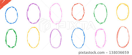 Oval pencil drawn doodle frame with rough texture for kids print and sticker. Thin oval border in irregular line with blue, purple and pink crayon marks. Colorful vector set with chalk elements 138036659