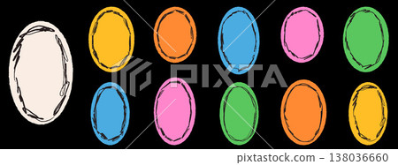 Cutout paper oval with rough crayon border in playful color for photo. Bold oval cutout in yellow orange blue, pink and green with hand drawn ellipse. Paper vector border set with colorful retro 138036660