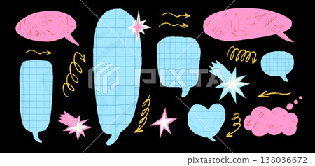 Paper cutout notebook chat bubbles. Heart, oval, rectangle shapes callout elements. Crayon speech dialogue comic talk effects with wrinkled paper texture. Vector blue, pink grid, ruled promo set Paper cutout notebook chat bubbles. Heart, oval, rectangle shapes callout elements. Crayon speech dialogue comic talk effects with wrinkled paper texture. Vector blue, pink grid, ruled promo set 138036672