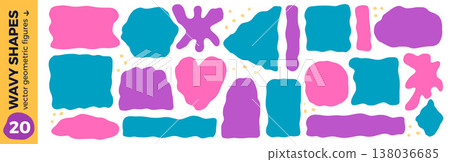 Irregular forms colorful geometric shapes. Wavy pink and purple rectangle, arch, square frames with blob for text. Arc, triangles box and blot. Flat set with heart, oval, quote block and stickers 138036685