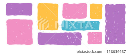 Hand-drawn pastel rectangles. Crayon frames with organic wavy edges. Colorful pencil borders perfect for text, and creative designs. Vector graphic shapes with irregular wavy lines. Kids shapes 138036687