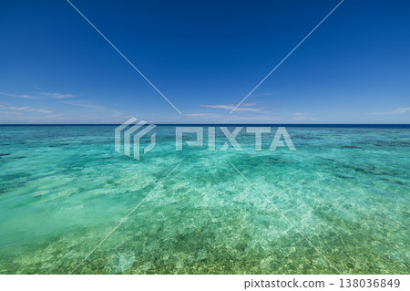Idyllic tropical bay with coral lagoon, sunshine, blue sky, serene nature, tranquil ocean landscape 138036849