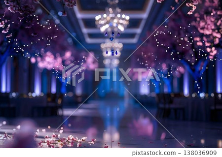 一個夢幻般的夜間賞櫻派對場地，背景是一盞枝形吊燈。 138036909